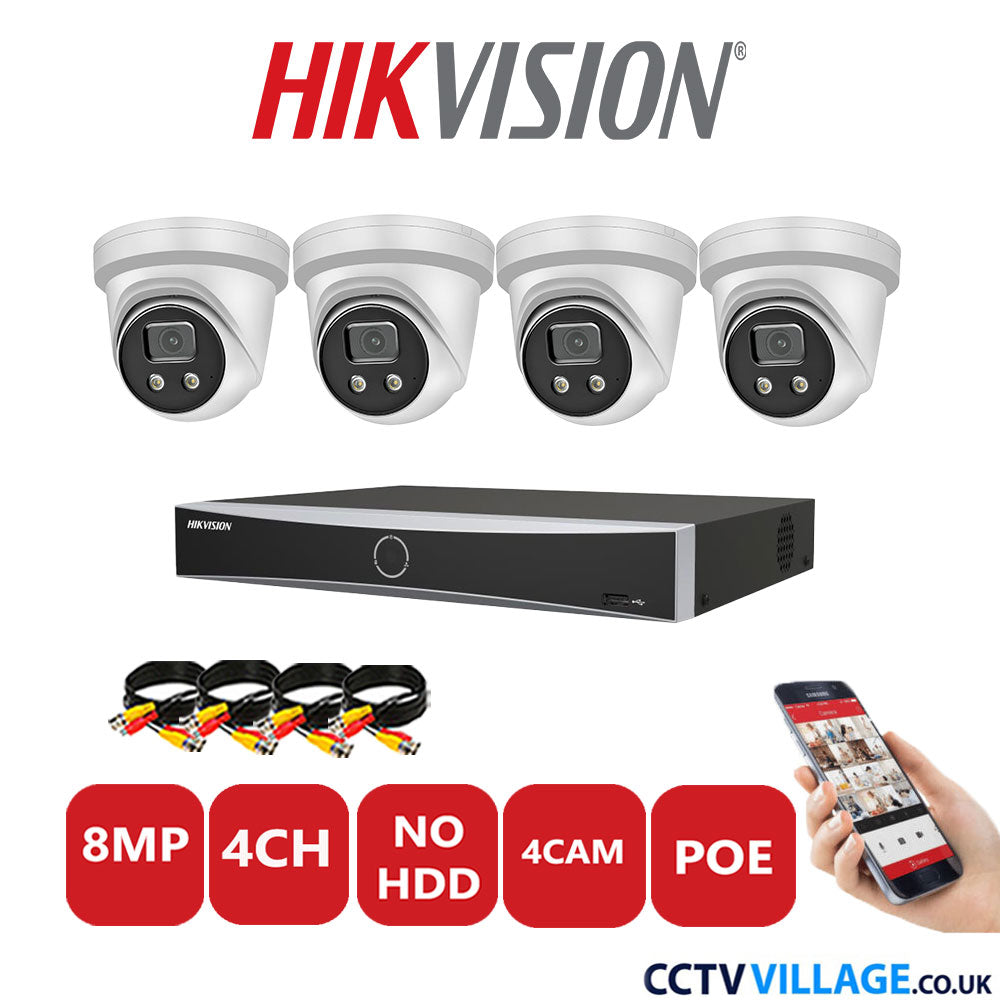 Hikvision 8MP IP CCTV Kit 8 Channel NVR-DS7604NXI-K1/4P with 4x Turret Cameras DS-2CD2386G2-IU White No HDD Full Kit