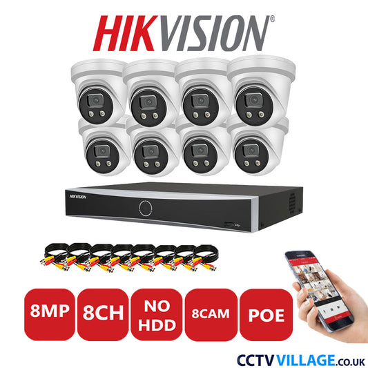 Hikvision 8MP IP CCTV Kit 8 Channel NVR-DS7608NXI-K1/8P with 8x Turret Cameras DS-2CD2386G2-IU White No HDD Full Kit