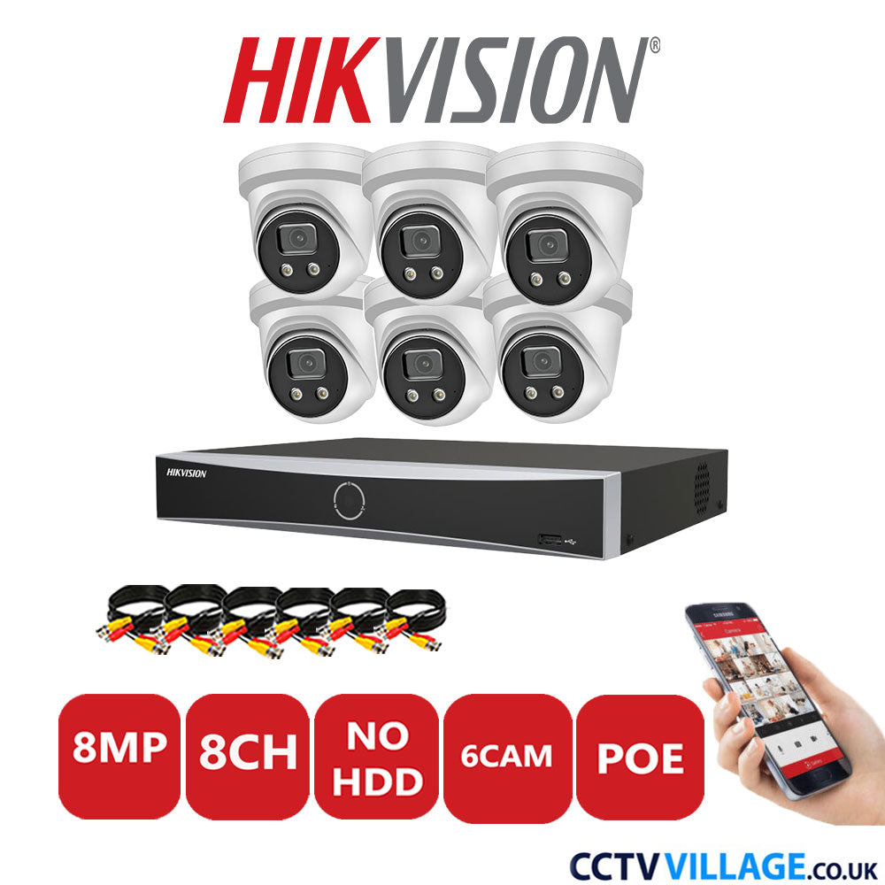 Hikvision 8MP IP CCTV Kit 8 Channel NVR-DS7608NXI-K1/8P with 6x Turret Cameras DS-2CD2386G2-IU White No HDD Full Kit