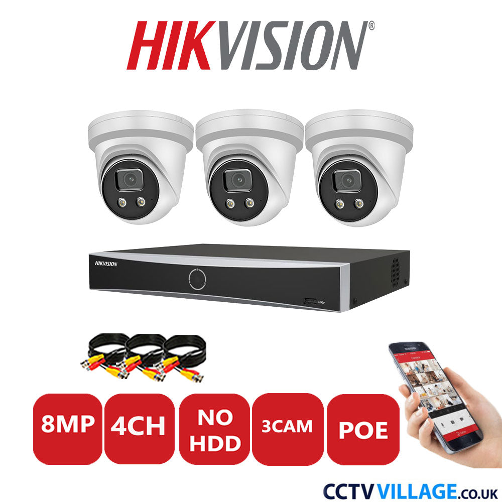 Hikvision 8MP IP CCTV Kit 4 Channel NVR-DS7604NXI-K1/4P with 3x Turret Cameras DS-2CD2386G2-IU White No HDD Full Kit