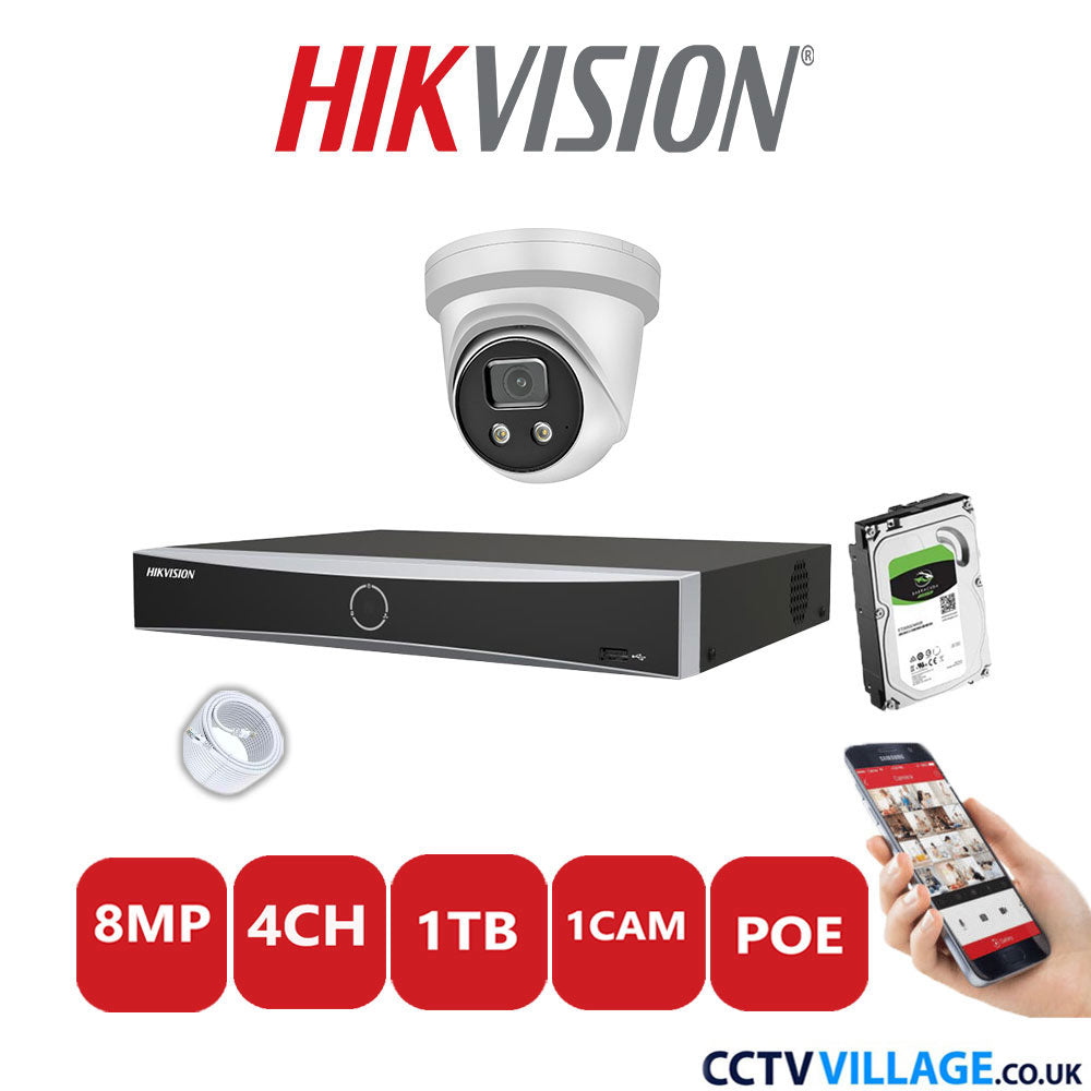 Hikvision 8MP IP CCTV System 4 Channel NVR-DS7604NXI-K1/4P with 1x Turret Camera DS-2CD2386G2-IU White 1TB HDD Full Kit