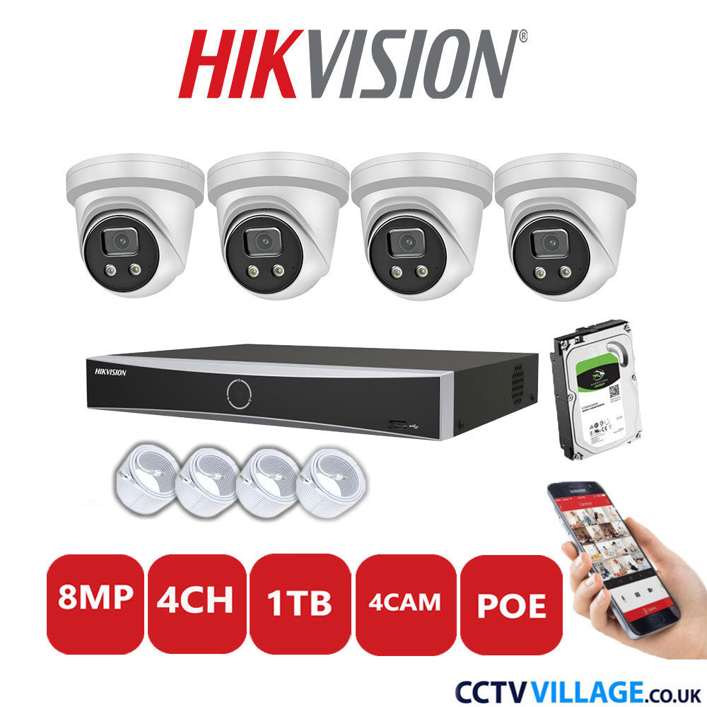 Hikvision 8MP IP CCTV System 4 Channel NVR-DS7604NXI-K1/4P with 4x Turret Cameras DS-2CD2386G2-IU White 1TB HDD Full Kit