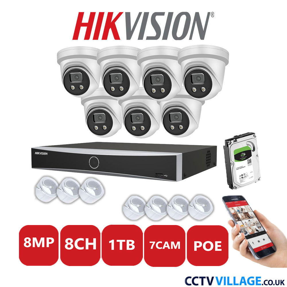 Hikvision 8MP IP CCTV System 8 Channel NVR-DS7608NXI-K1/8P with 7x Turret Cameras DS-2CD2386G2-IU White 1TB HDD Full Kit