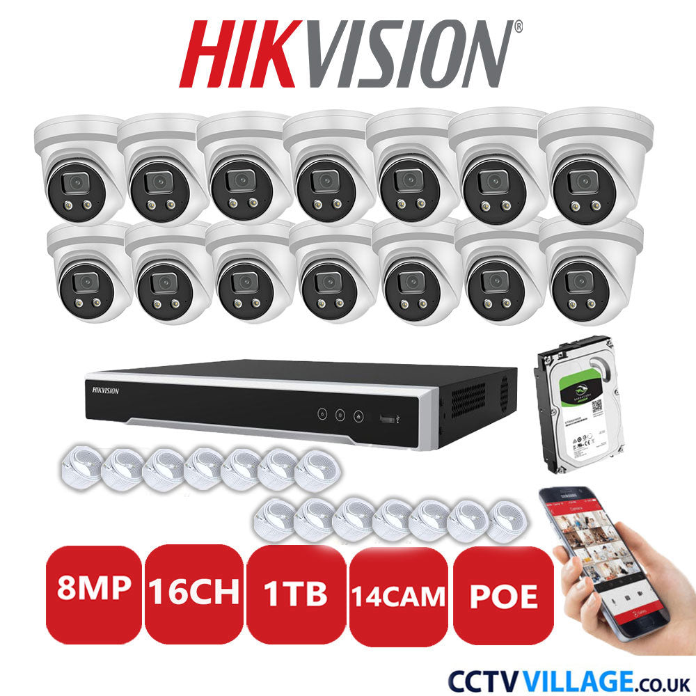 Hikvision 8MP IP CCTV System 16 Channel NVR-DS7616NI-I2/16P with 14x Turret Cameras DS-2CD2386G2-IU White 1TB HDD Full Kit