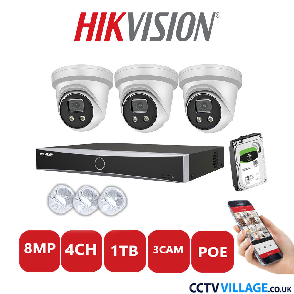 Hikvision 8MP IP CCTV System 4 Channel NVR-DS7604NXI-K1/4P with 3x Turret Cameras DS-2CD2386G2-IU White 1TB HDD Full Kit