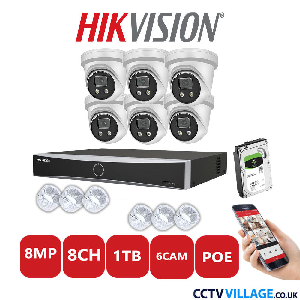 Hikvision 8MP IP CCTV System 8 Channel NVR-DS7608NXI-K1/8P with 6x Turret Cameras DS-2CD2386G2-IU White 1TB HDD Full Kit