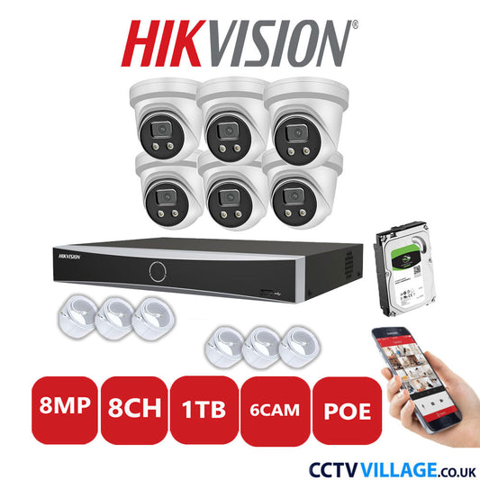 Hikvision 8MP IP CCTV System 8 Channel NVR-DS7608NXI-K1/8P with 6x Turret Cameras DS-2CD2386G2-IU White 1TB HDD Full Kit