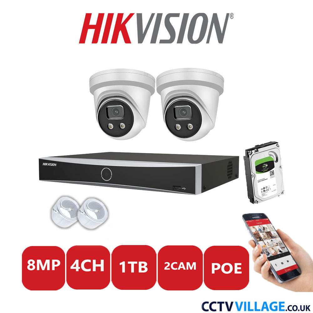 Hikvision 8MP IP CCTV System 4 Channel NVR-DS7604NXI-K1/4P with 2x Turret Cameras DS-2CD2386G2-IU White 1TB HDD Full Kit