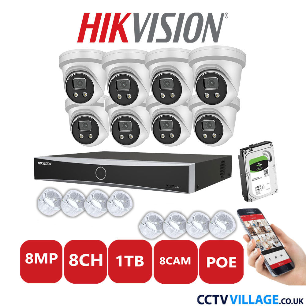 Hikvision 8MP IP CCTV System 8 Channel NVR-DS7608NXI-K1/8P with 8x Turret Cameras DS-2CD2386G2-IU White 1TB HDD Full Kit