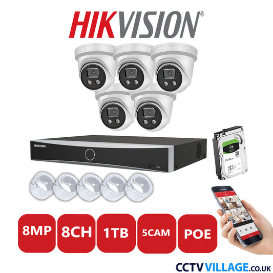 Hikvision 8MP IP CCTV System 8 Channel NVR-DS7608NXI-K1/8P with 5x Turret Cameras DS-2CD2386G2-IU White 1TB HDD Full Kit