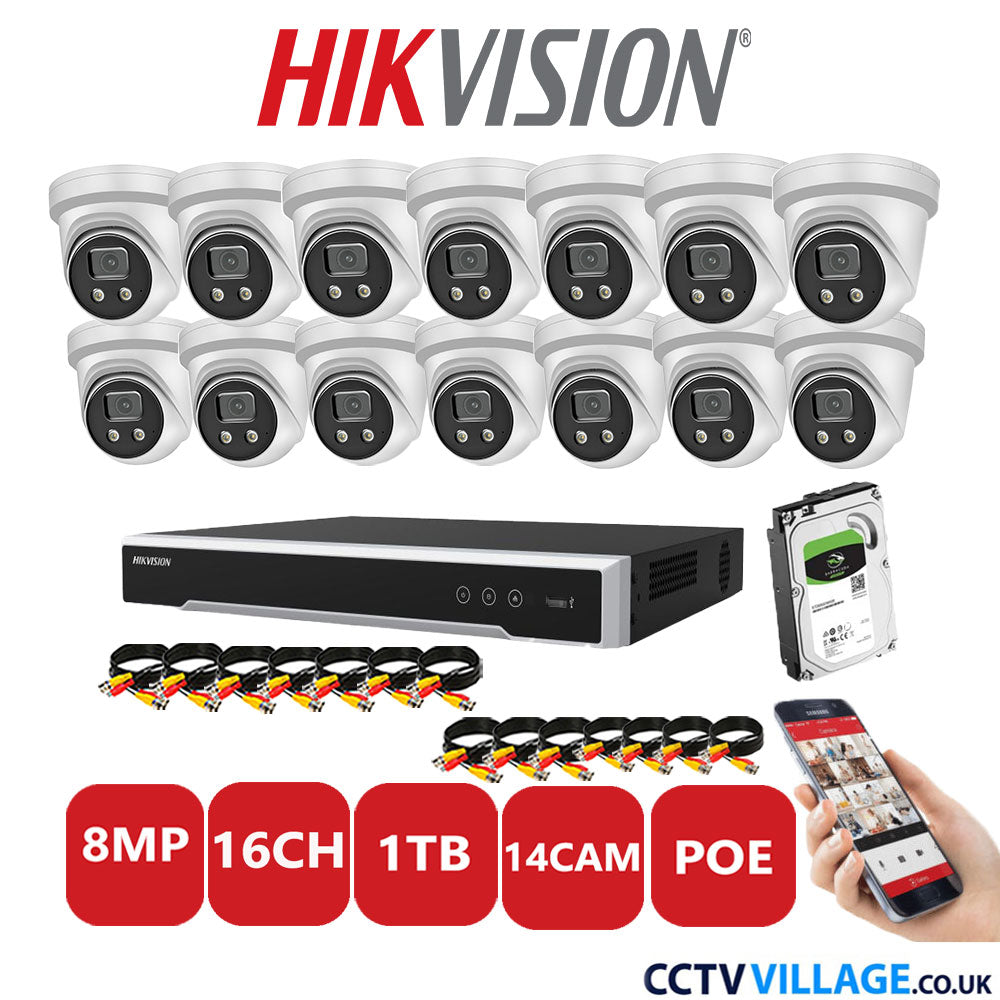 Hikvision 8MP IP CCTV System 16 Channel NVR-DS7616NI-I2/16P with 14x Turret Cameras DS-2CD2386G2-IU White 1TB HDD Full Kit