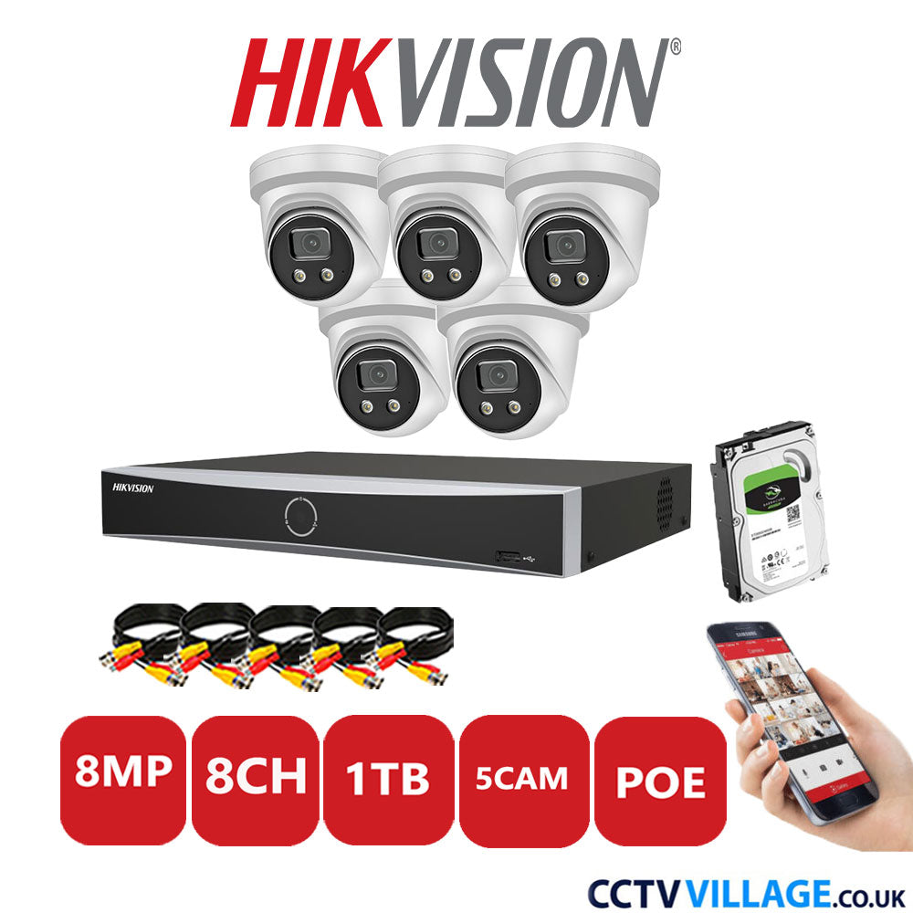 Hikvision 8MP IP CCTV Kit 8 Channel NVR-DS7608NXI-K1/8P with 5x Turret Cameras DS-2CD2386G2-IU White 1TB HDD Full Kit