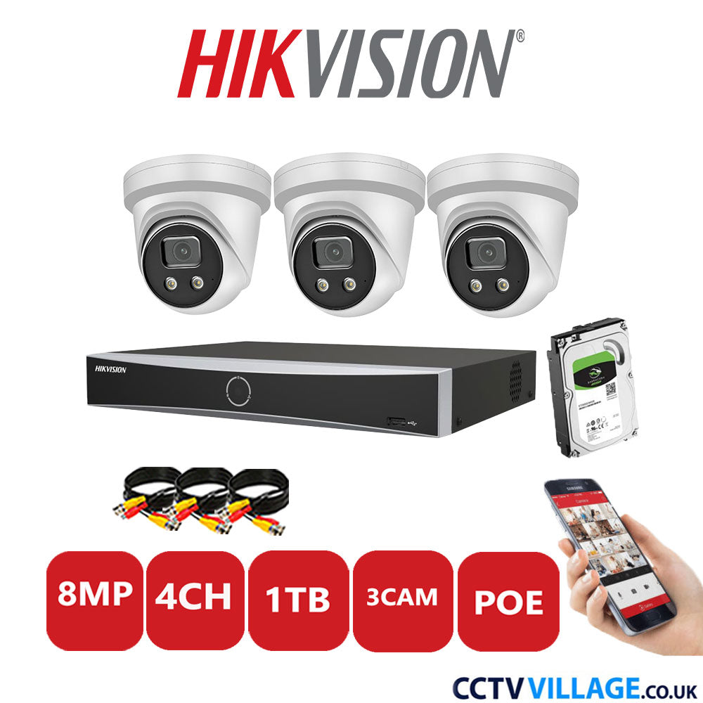 Hikvision 8MP IP CCTV Kit 4 Channel NVR-DS7604NXI-K1/4P with 3x Turret Cameras DS-2CD2386G2-IU White 1TB HDD Full Kit