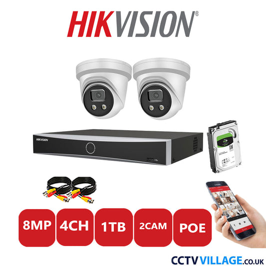 Hikvision 8MP IP CCTV Kit 4 Channel NVR-DS7604NXI-K1/4P with 2x Turret Cameras DS-2CD2386G2-IU White 1TB HDD Full Kit