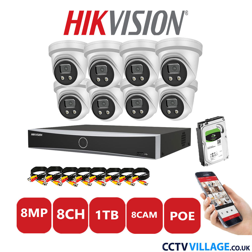 Hikvision 8MP IP CCTV Kit 8 Channel NVR-DS7608NXI-K1/8P with 8x Turret Cameras DS-2CD2386G2-IU White 1TB HDD Full Kit