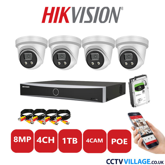 Hikvision 8MP IP CCTV Kit 4 Channel NVR-DS7604NXI-K1/4P with 4x Turret Cameras DS-2CD2386G2-IU White 1TB HDD Full Kit