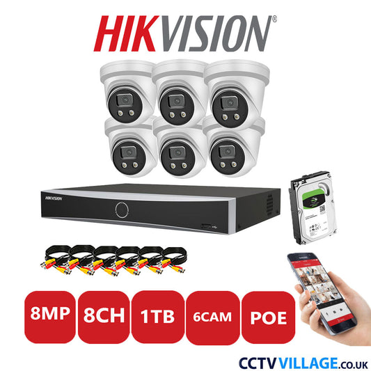 Hikvision 8MP IP CCTV Kit 8 Channel NVR-DS7608NXI-K1/8P with 6x Turret Cameras DS-2CD2386G2-IU White 1TB HDD Full Kit