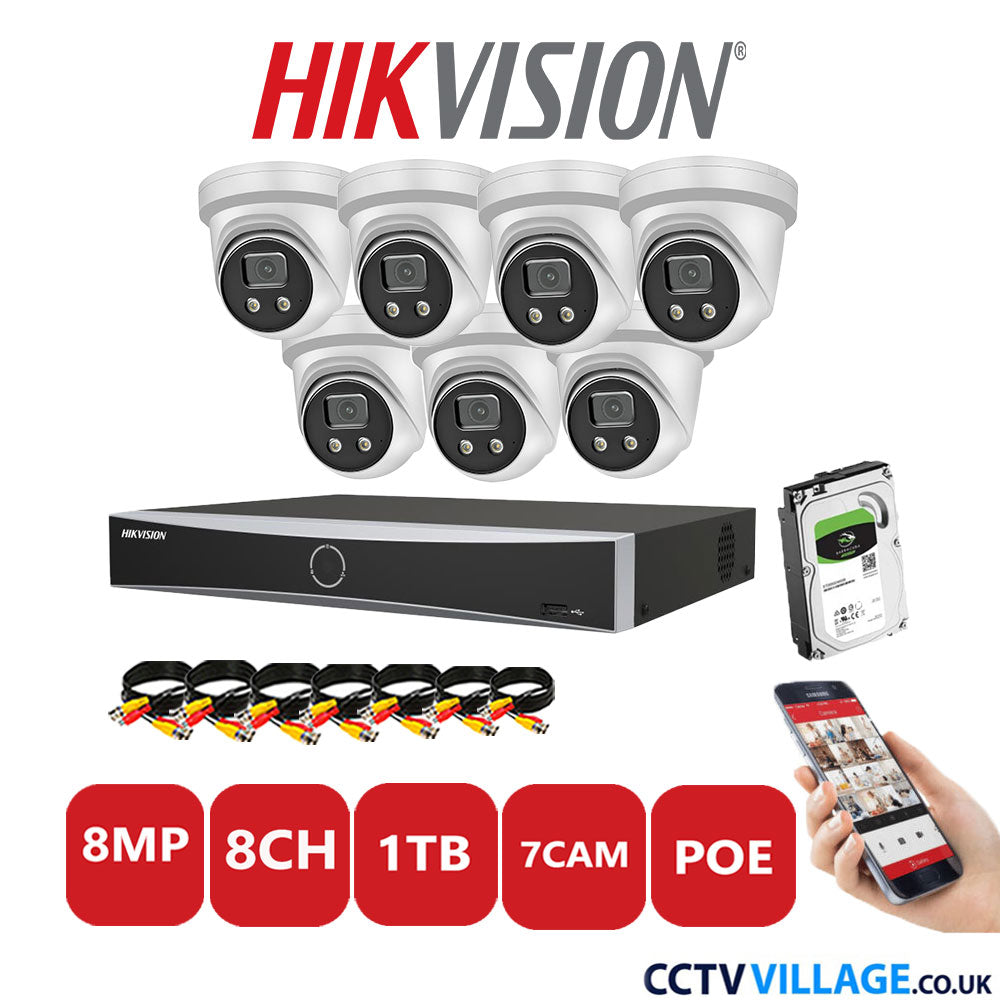 Hikvision 8MP IP CCTV Kit 8 Channel NVR-DS7608NXI-K1/8P with 7x Turret Cameras DS-2CD2386G2-IU White 1TB HDD Full Kit