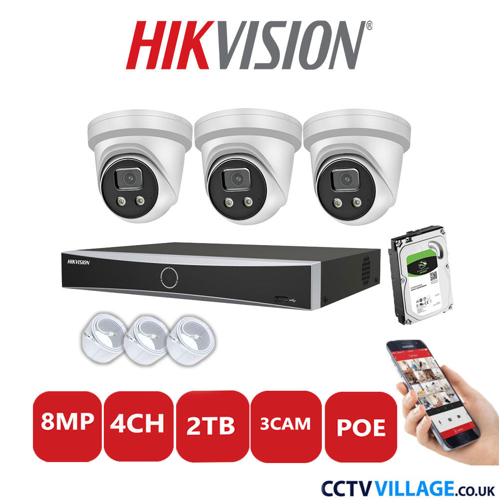 Hikvision 8MP IP CCTV System 4 Channel NVR-DS7604NXI-K1/4P with 3x Turret Cameras DS-2CD2386G2-IU White 2TB HDD Full Kit