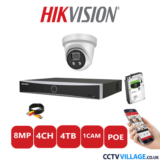 Hikvision 8MP IP CCTV Kit 4 Channel NVR-DS7604NXI-K1/4P with 1x Turret Camera DS-2CD2386G2-IU White 4TB HDD Full Kit