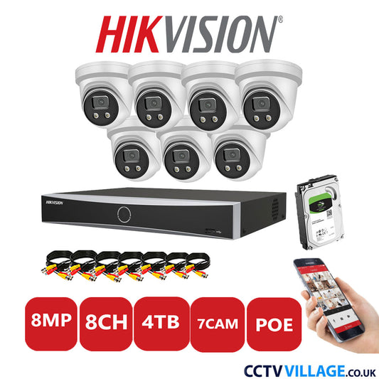 Hikvision 8MP IP CCTV Kit 8 Channel NVR-DS7608NXI-K1/8P with 7x Turret Cameras DS-2CD2386G2-IU White 4TB HDD Full Kit