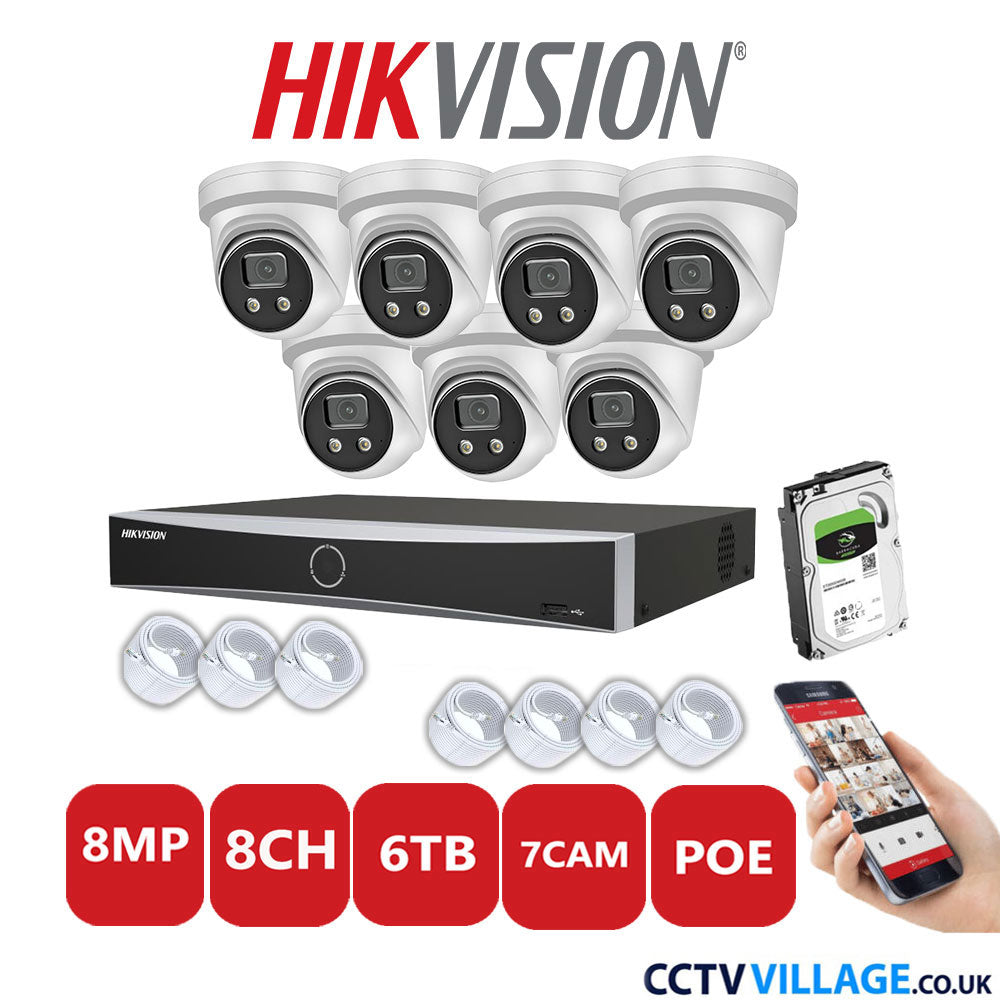 Hikvision 8MP CCTV System 8 Channel NVR-DS7608NXI-K1/8P with 7x Turret Cameras DS-2CD2386G2-IU White 6TB HDD Full Kit