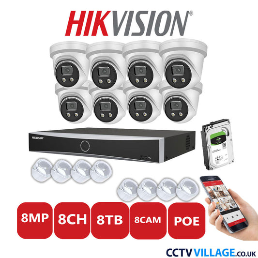 Hikvision 8MP IP CCTV System 8 Channel NVR-DS7608NXI-K1/8P with 8x Turret Cameras DS-2CD2386G2-IU White 8TB HDD Full Kit