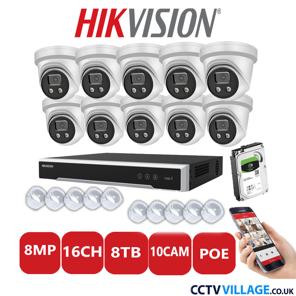 Hikvision 8MP IP CCTV System 16 Channel NVR-DS7616NI-I2/16P with 10x Turret Cameras DS-2CD2386G2-IU White 8TB HDD Full Kit