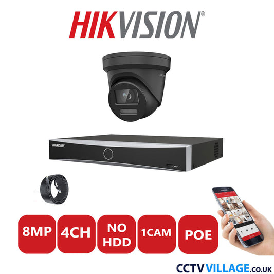 Hikvision 8MP IP CCTV System 4 Channel NVR-DS7604NXI-K1/4P with 1x Turret Camera DS-2CD2387G2-LSU/SL Black No HDD Full Kit