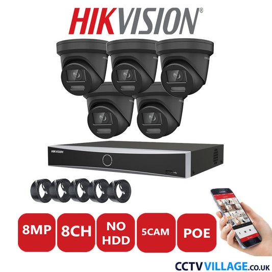 Hikvision 8MP IP CCTV System 8 Channel NVR-DS7608NXI-K1/8P with 5x Turret Cameras DS-2CD2387G2-LSU/SL Black No HDD Full Kit