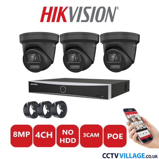 Hikvision 8MP IP CCTV System 4 Channel NVR-DS7604NXI-K1/4P with 3x Turret Cameras DS-2CD2387G2-LSU/SL Black No HDD Full Kit