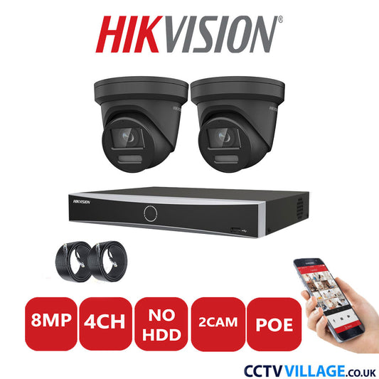 Hikvision 8MP IP CCTV System 4 Channel NVR-DS7604NXI-K1/4P with 2x Turret Cameras DS-2CD2387G2-LSU/SL Black No HDD Full Kit