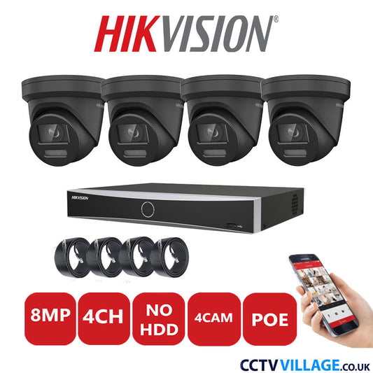 Hikvision 8MP IP CCTV System 4 Channel NVR-DS7604NXI-K1/4P with 4x Turret Cameras DS-2CD2387G2-LSU/SL Black No HDD Full Kit