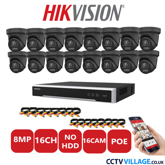 Hikvision 8MP IP CCTV System 16 Channel NVR-DS7616NI-I2/16P with 16x Turret DS-2CD2387G2-LSU/SL Black No HDD Full Kit