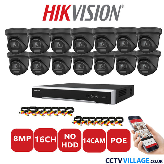 Hikvision 8MP IP CCTV System 16 Channel NVR-DS7616NI-I2/16P with 14x Turret DS-2CD2387G2-LSU/SL Black No HDD Full Kit