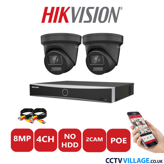 Hikvision 8MP IP CCTV Kit 4 Channel NVR-DS7604NXI-K1/4P with 2x Turret Cameras DS-2CD2387G2-LSU/SL Black No HDD Full Kit