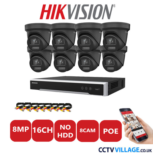 Hikvision 8MP IP CCTV System 16 Channel NVR-DS7616NI-I2/16P with 8x Turret DS-2CD2387G2-LSU/SL Black No HDD Full Kit