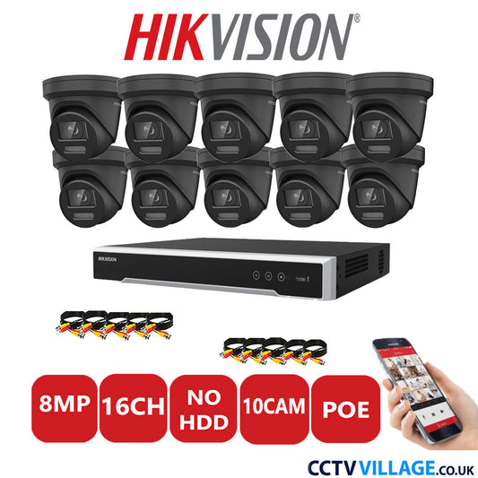 Hikvision 8MP IP CCTV System 16 Channel NVR-DS7616NI-I2/16P with 10x Turret DS-2CD2387G2-LSU/SL Black No HDD Full Kit