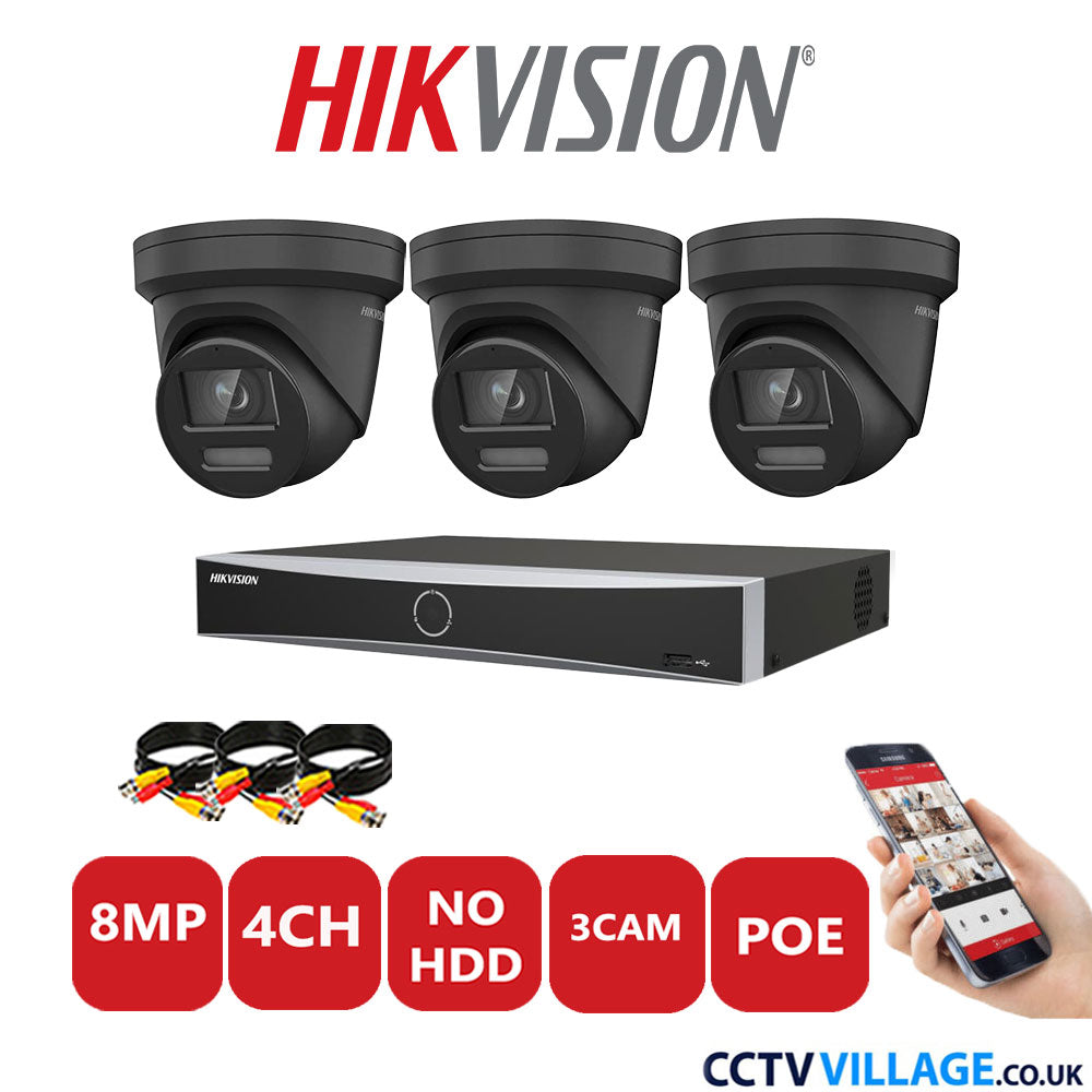 Hikvision 8MP IP CCTV Kit 4 Channel NVR-DS7604NXI-K1/4P with 3x Turret Cameras DS-2CD2387G2-LSU/SL Black No HDD Full Kit