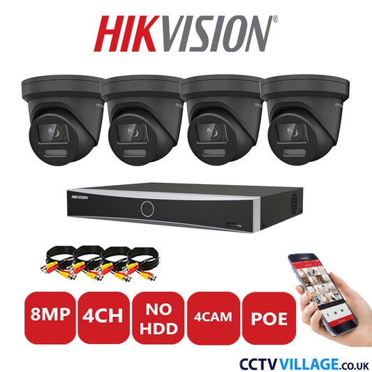 Hikvision 8MP IP CCTV Kit 4 Channel NVR-DS7604NXI-K1/4P with 4x Turret Cameras DS-2CD2387G2-LSU/SL Black No HDD Full Kit