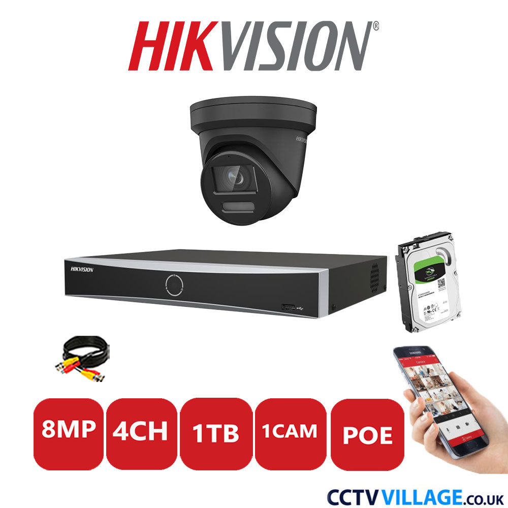 Hikvision 8MP IP CCTV Kit 4 Channel NVR-DS7604NXI-K1/4P with 1x Turret Camera DS-2CD2387G2-LSU/SL Black 1TB HDD Full Kit