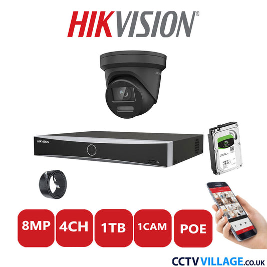 Hikvision 8MP IP CCTV System 4 Channel NVR-DS7604NXI-K1/4P with 1x Turret Camera DS-2CD2387G2-LSU/SL Black 1TB HDD Full Kit