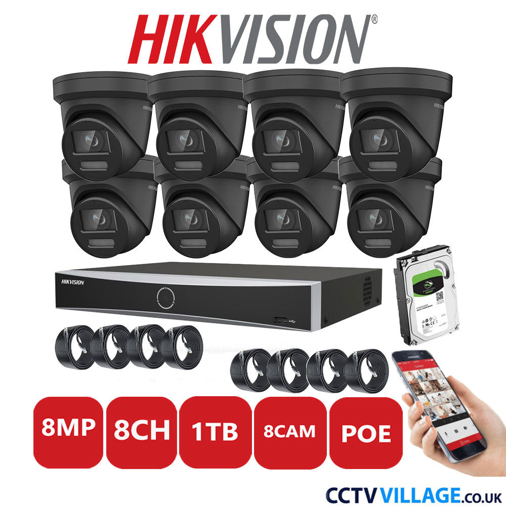 Hikvision 8MP IP CCTV System 8 Channel NVR-DS7608NXI-K1/8P with 8x Turret Cameras DS-2CD2387G2-LSU/SL Black 1TB HDD Full Kit