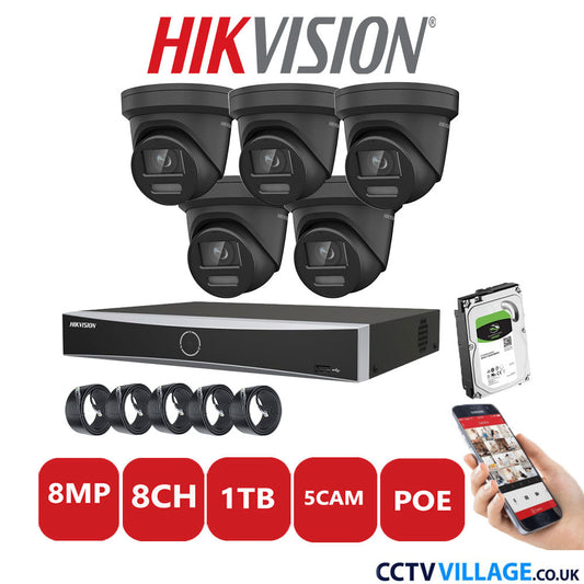 Hikvision 8MP IP CCTV System 8 Channel NVR-DS7608NXI-K1/8P with 5x Turret Cameras DS-2CD2387G2-LSU/SL Black 1TB HDD Full Kit