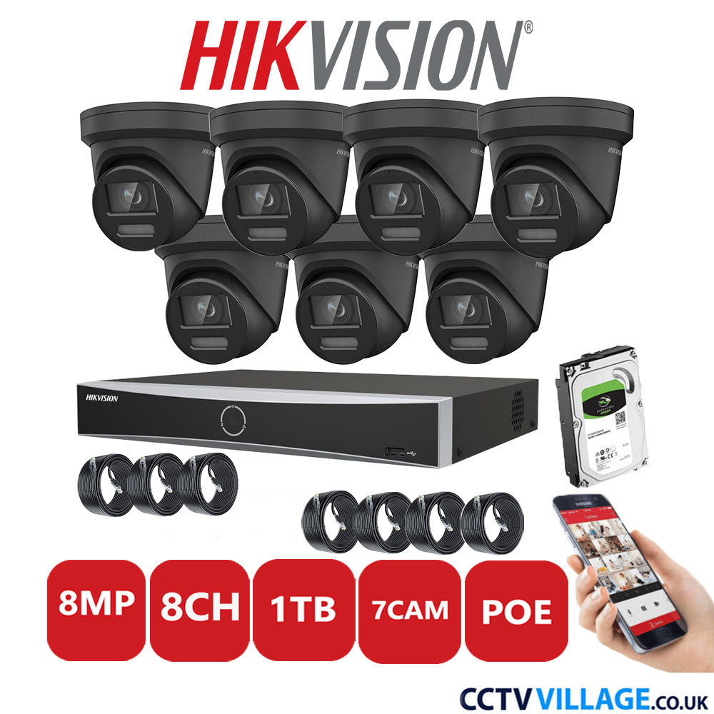 Hikvision 8MP IP CCTV System 8 Channel NVR-DS7608NXI-K1/8P with 7x Turret Cameras DS-2CD2387G2-LSU/SL Black 1TB HDD Full Kit