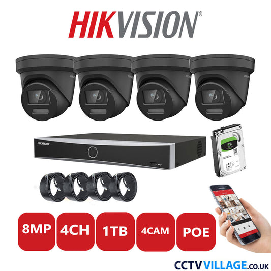 Hikvision 8MP IP CCTV System 4 Channel NVR-DS7604NXI-K1/4P with 4x Turret Cameras DS-2CD2387G2-LSU/SL Black 1TB HDD Full Kit