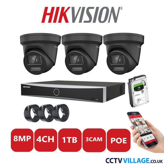 Hikvision 8MP IP CCTV System 4 Channel NVR-DS7604NXI-K1/4P with 3x Turret Cameras DS-2CD2387G2-LSU/SL Black 1TB HDD Full Kit