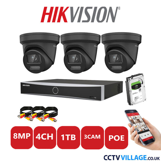 Hikvision 8MP IP CCTV Kit 4 Channel NVR-DS7604NXI-K1/4P with 3x Turret Cameras DS-2CD2387G2-LSU/SL Black 1TB HDD Full Kit