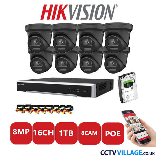 Hikvision 8MP IP CCTV System 16 Channel NVR-DS7616NI-I2/16P with 8x Turret DS-2CD2387G2-LSU/SL Black 1TB HDD Full Kit