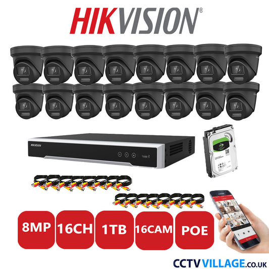 Hikvision 8MP IP CCTV System 16 Channel NVR-DS7616NI-I2/16P with 16x Turret DS-2CD2387G2-LSU/SL Black 1TB HDD Full Kit